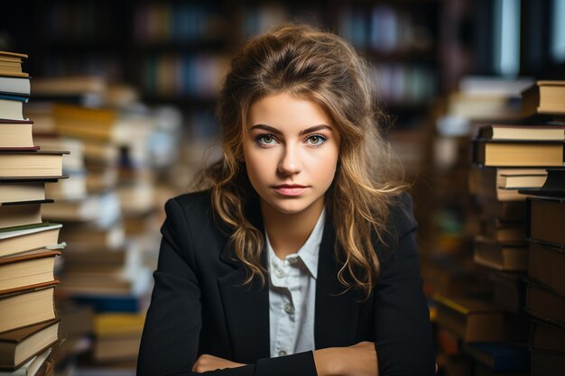 una estudiante está sentada en el aula con varios libros