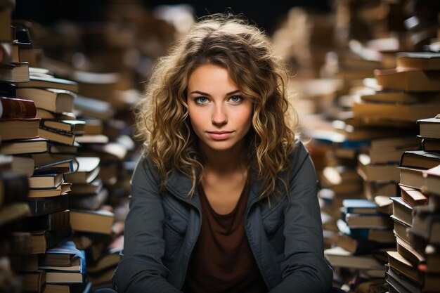 una estudiante está sentada en el aula con varios libros