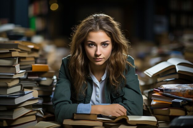 una estudiante está sentada en el aula con varios libros