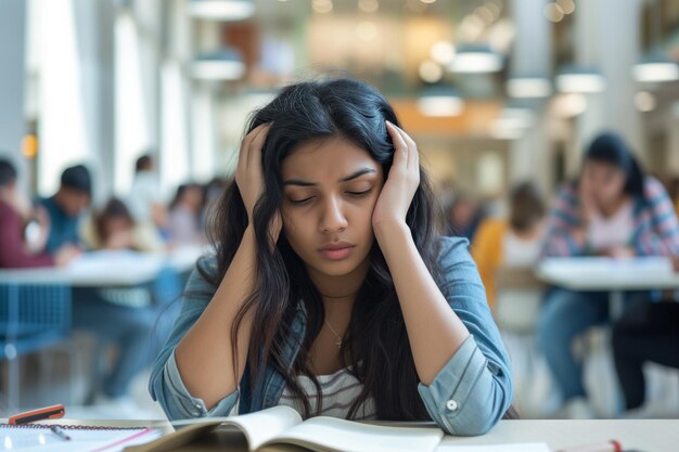 Foto estudiante estresado en un bullicioso entorno universitario luchando con problemas de salud mental