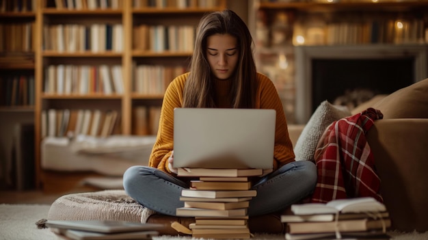 Estudiante estudiando desde una computadora portátil con una pila de libros y notas esparcidas alrededor de un examen de aprendizaje a distancia