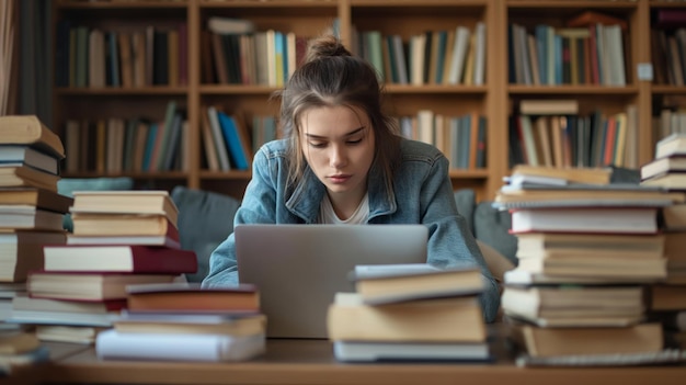 Estudiante estudiando desde una computadora portátil con una pila de libros y notas esparcidas alrededor de un examen de aprendizaje a distancia