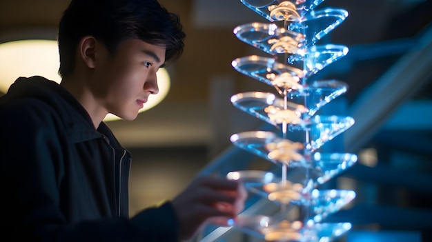 Foto un estudiante estudiando un modelo de adn profundizando en las maravillas de la biología molecular