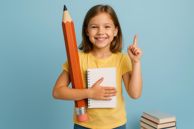 Estudiante feliz con una camisa amarilla sosteniendo un lápiz grande y un cuaderno mientras señala un azul