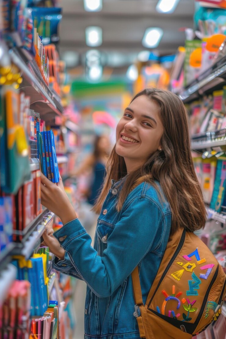 Un estudiante feliz comprando artículos escolares en un pasillo de una tienda vibrante preparándose para la temporada de regreso a la escuela
