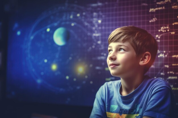 Foto estudiante feliz en la escuela lección de astronomía sueño ai generado