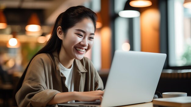 Estudiante feliz retrato de una estudiante asiática con una computadora portátil concepto de estudio en línea