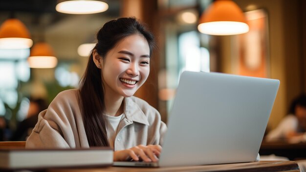 Estudiante feliz retrato de una estudiante asiática con una computadora portátil concepto de estudio en línea