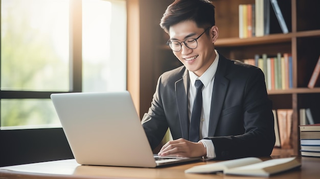 Estudiante feliz Retrato de un estudiante asiático con una computadora portátil Concepto de estudio en línea