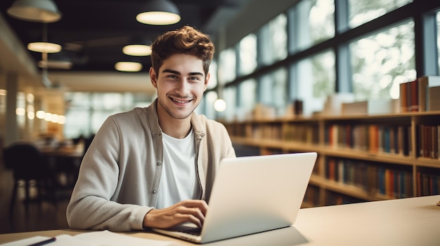 Estudiante feliz Retrato de un estudiante con una computadora portátil Concepto de estudio en línea