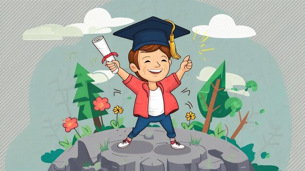 Foto estudiante feliz con sombrero de graduación y diploma en gris