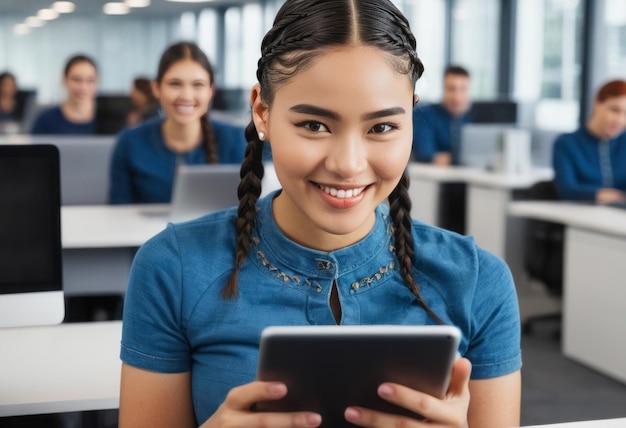 Estudiante feliz con una tableta en un aula rodeada de compañeros su comportamiento es alegre y