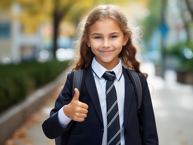 Estudiante feliz vestido con un uniforme escolar con una mochila muestra un pulgar hacia arriba Generative ai