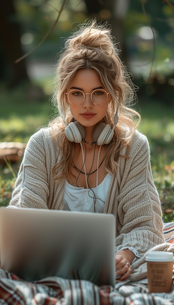 estudiante femenina con gafas estudiando en el parque con portátil y auriculares sentada en una taza de café de manta