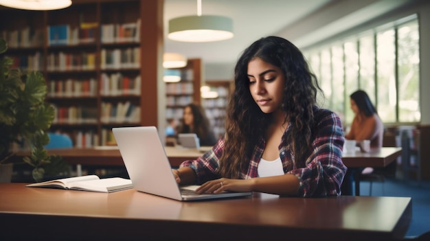Estudiante femenina y retrato de una niña trabajando haciendo una tarea o investigando en una computadora portátil