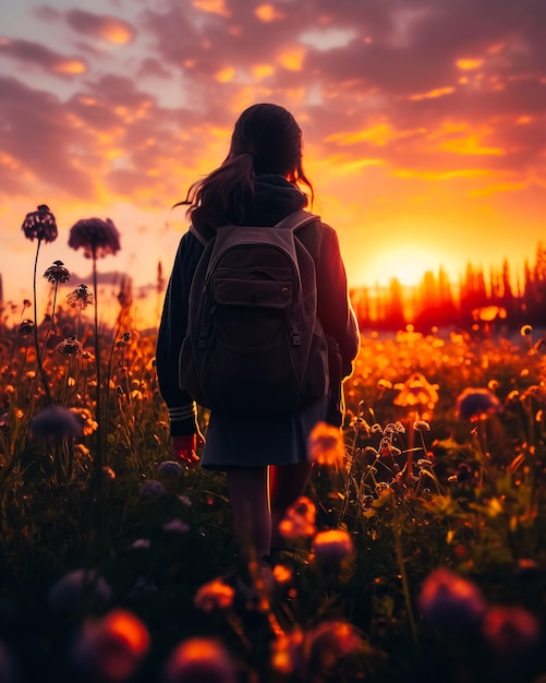 Un estudiante con flores al atardecer