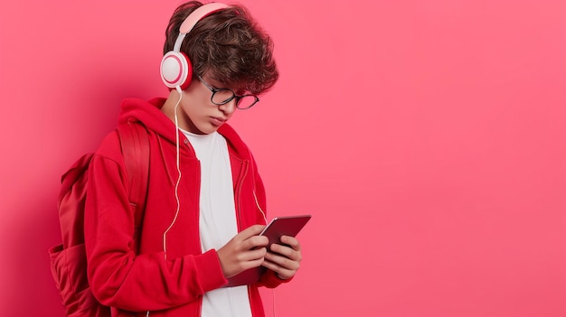 estudiante con gafas en fondo rojo