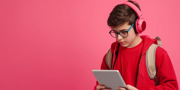 estudiante con gafas en fondo rojo