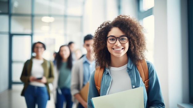 estudiante con gafas de mochila sosteniendo libros y tabletas en la universidad Gene