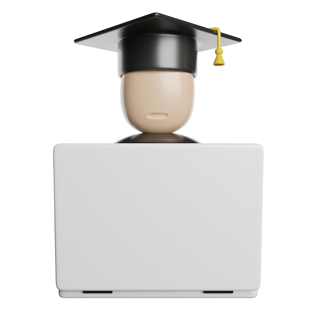 Estudiante con una gorra de graduación trabajando en una computadora portátil