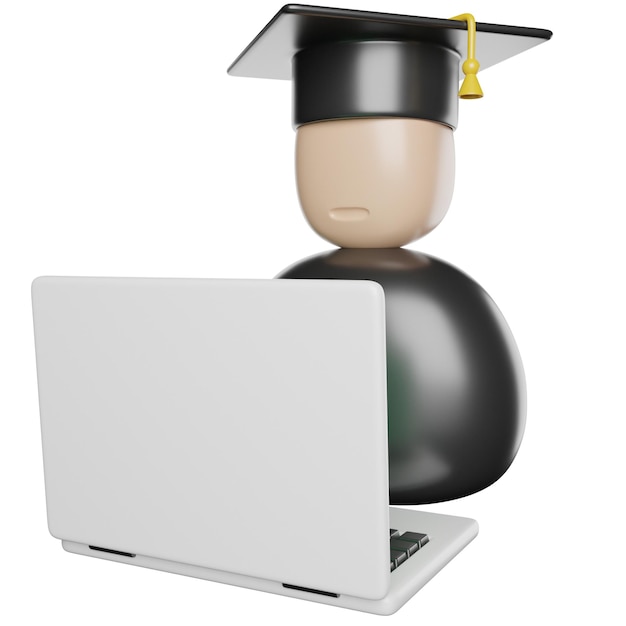 Estudiante con gorra de graduación usando una computadora portátil