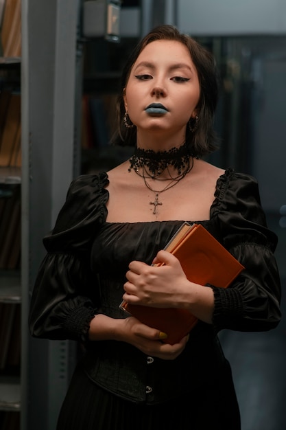 Foto estudiante gótica en la biblioteca de la escuela.