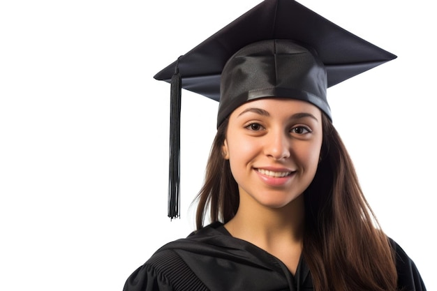 Foto una estudiante se graduó posando para una foto con una suite de graduación negra y una gorra.