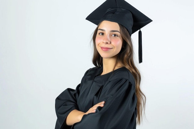 Foto una estudiante se graduó posando para una foto con una suite de graduación negra y una gorra.