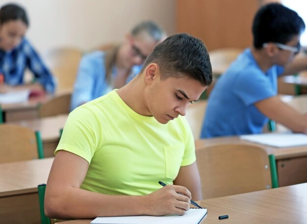 Foto estudiante con grupo de compañeros de clase en el aula.