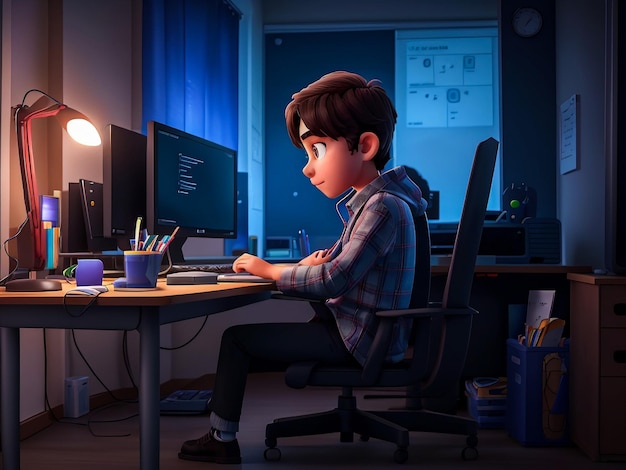 Estudiante haciendo codificación en su configuración de computadora