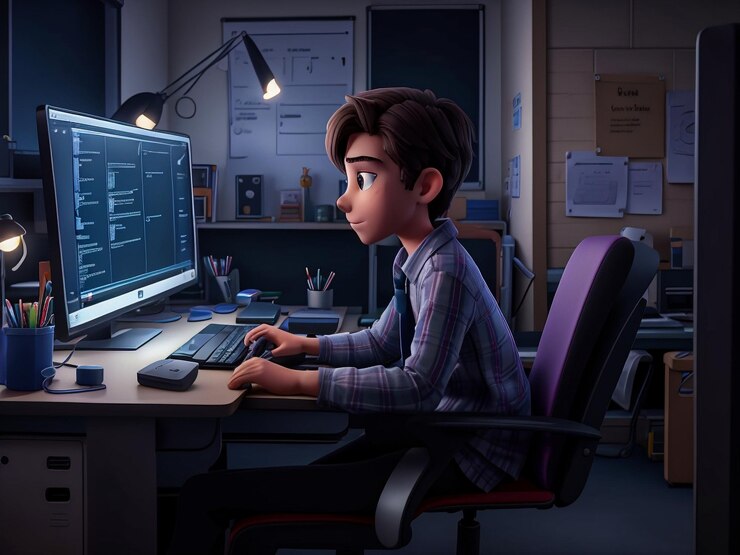 Foto estudiante haciendo codificación en su configuración de computadora