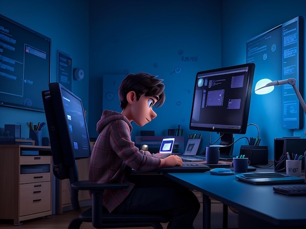 Estudiante haciendo codificación en su configuración de computadora