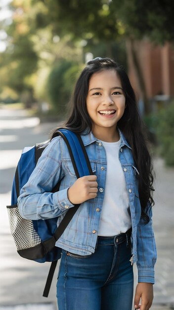 Estudiante hispana entusiasta de pie con una mochila