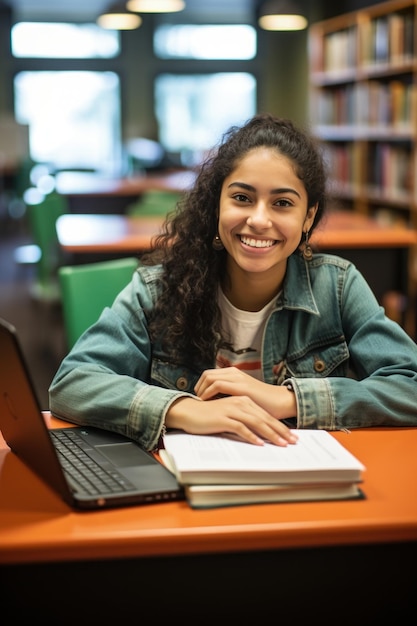 Estudiante hispana estudiando con una computadora portátil en la biblioteca