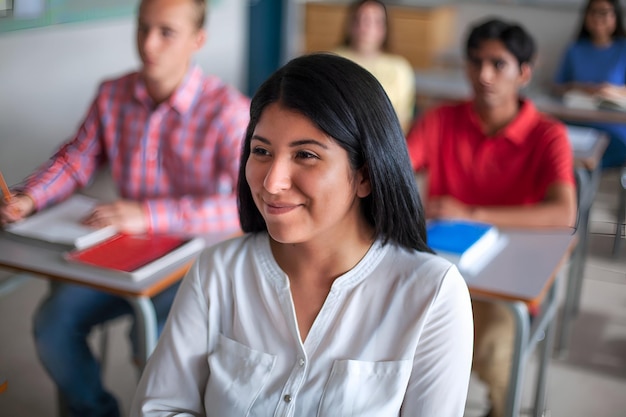 Una estudiante hispana sonriente estudiando en el aula Una adolescente está aprendiendo en la escuela secundaria