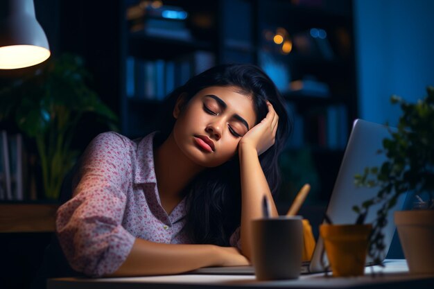 Foto una estudiante india cansada en busca de descanso después de noches sin dormir.