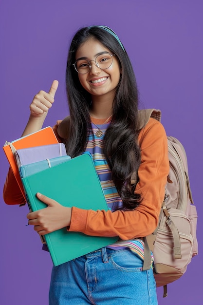 Foto una estudiante india feliz con gafas.