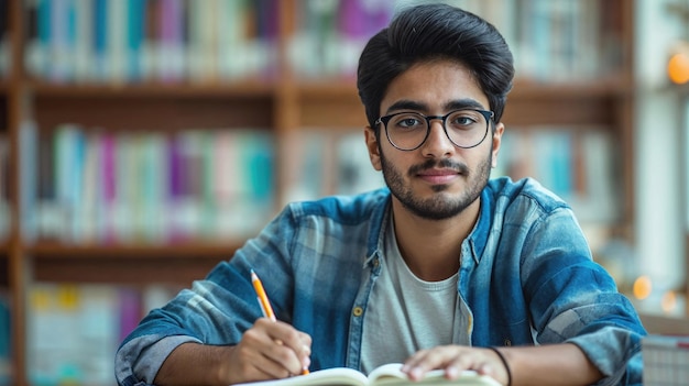 Estudiante indio concentrado estudiando duro con libros en la biblioteca