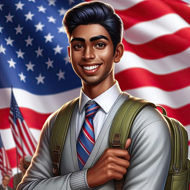 Estudiante indio de pie con la bandera de la India Ilustración de fondo