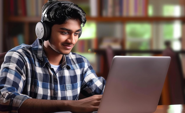 Un estudiante indio trabajando en una computadora portátil con auriculares generados por IA