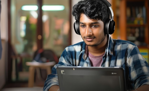 Un estudiante indio trabajando en una computadora portátil con auriculares generados por IA