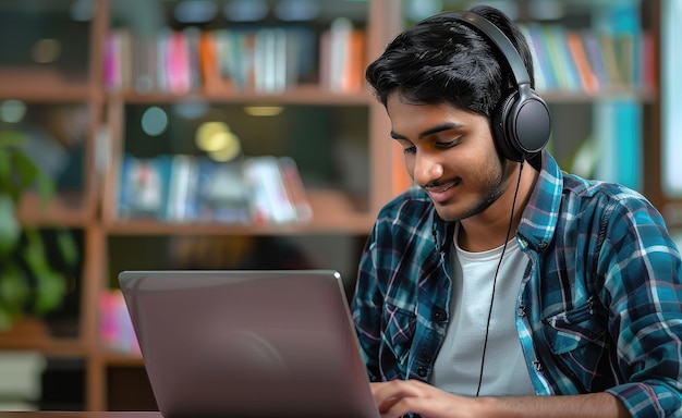Un estudiante indio trabajando en una computadora portátil con auriculares generados por IA