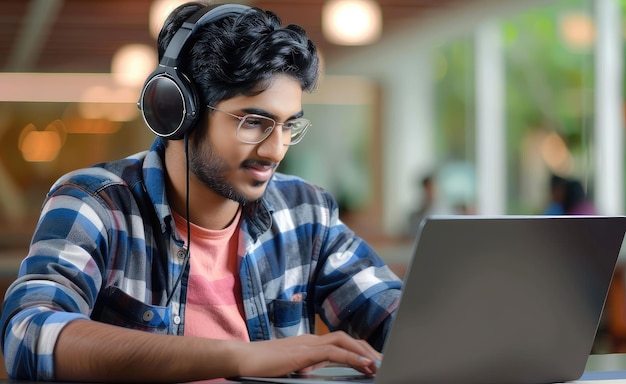 Un estudiante indio trabajando en una computadora portátil con auriculares generados por IA