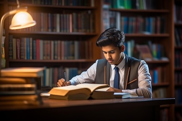 Foto un estudiante inquisitivo indio inmerso en las actividades académicas se sumerge en los libros de la biblioteca de la universidad