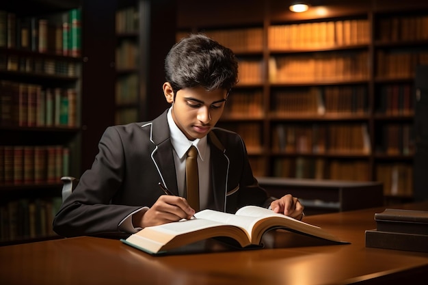 Foto un estudiante inquisitivo indio sumergido en el estudio revela el ambiente de una biblioteca universitaria