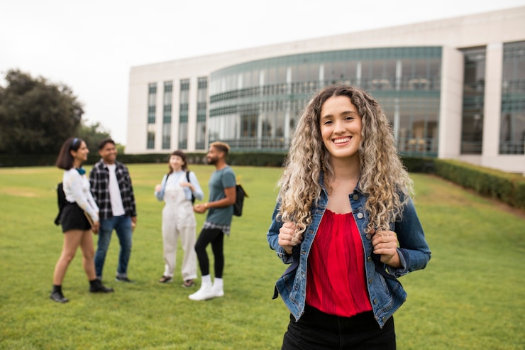 Foto estudiante de intercambio feliz en la universidad americana