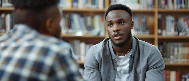 El estudiante se involucra en una conversación de apoyo en la biblioteca Concepto de apoyo al estudiante Conversación de la biblioteca Ayuda académica Apoyo entre pares Amigos de estudio