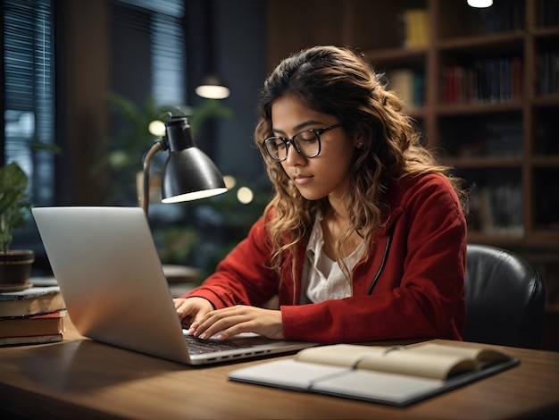 Un estudiante involucrado en el aprendizaje en línea con una computadora portátil y materiales de estudio