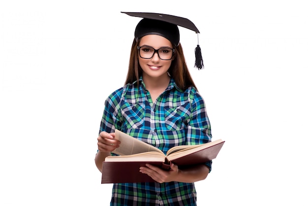 Foto estudiante joven aislado en el fondo blanco