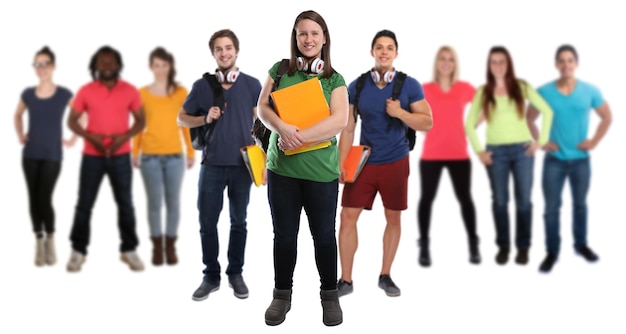 Estudiante joven retrato de cuerpo completo sonriendo gran grupo de personas aisladas